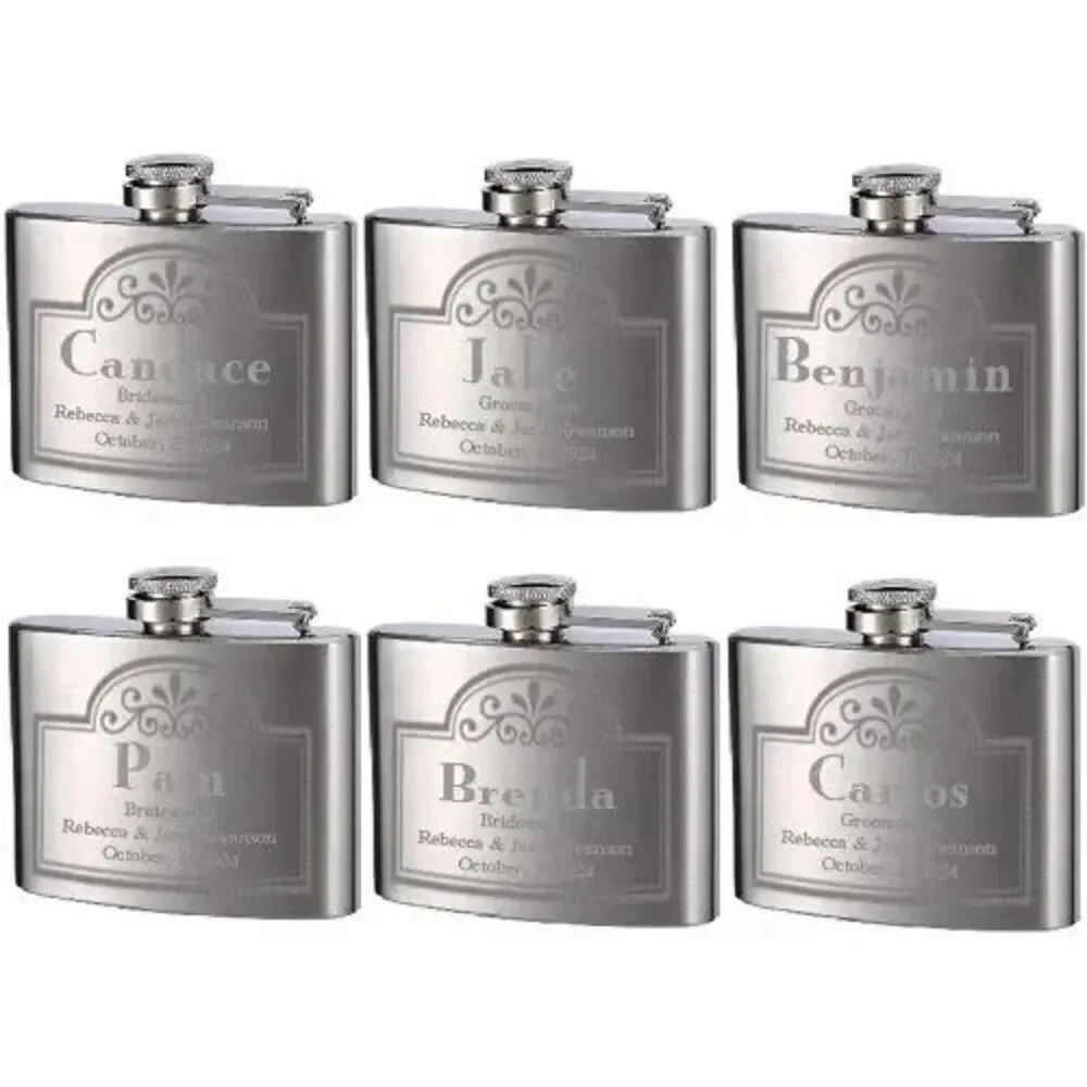 6 Custom Engraved Wedding Flasks Personalized Bridesmaid Groomsmen Gift Set 4oz